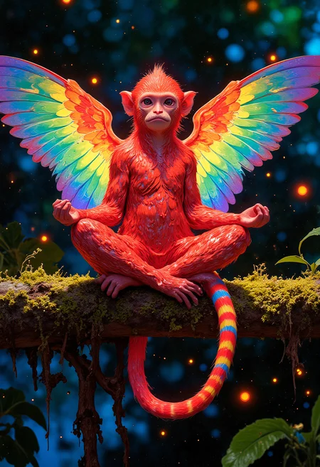 depth of field, A subtly glowing crimson red shiny Capuchin monkey sitting in a Sukhasana meditation pose, on a moss covered branch, huge rainbow colored wings, striped golden trimmed tail, fantasy, vibrant glow, glowing particles floating, bokeh, vignette, a light in the darkness