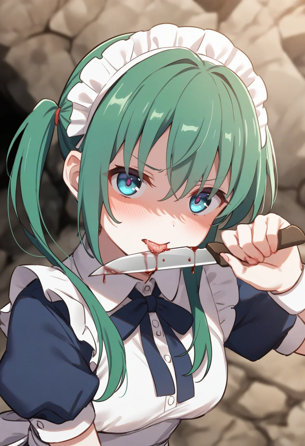 1girl,sincos, ningen mame, toosaka asagi,solo,medium breasts,20yo,maid,maid headdress,
licking knife, <lora:lickingknife_XL_v1:0.8>
tongue out, holding knife, blood,saliva,
from above, upper body, looking at viewer, green hair, silver eyes,disgust, roads in the ruin, closed mouth, tri tails hair,,
best quality, very aesthetic, absurdres