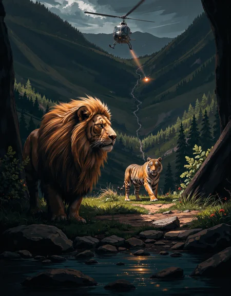 The wild is fading, its last guardians standing against the encroaching tide of steel and smoke. A lion and a tigress remain, their presence both powerful and vulnerable in a world that no longer belongs to them.
The lion, a sovereign of the untamed, carries the weight of his lineage in every movement. His golden mane, thick and radiant, catches the dying light, its strands rippling with a defiant glow. His amber eyes burn with something ancient—an unshaken spirit that refuses to bow, even as the thunderous roar of an approaching machine splits the air.
The tigress, sleek and battle-worn, watches with sharp intensity. Her striped coat, once a perfect camouflage, now stands stark against the decaying remains of nature. Muscles coiled, ears attuned to the mechanical heartbeat of the world beyond, she senses what the lion already knows—there are fewer places left to run.
Above, the rhythmic pulse of a helicopter shatters the silence, its relentless blades slicing through the poisoned sky. A spotlight glares through the thick haze, an unfeeling gaze scanning the last remnants of the wild. It does not see them as kings, as hunters, as legends. It sees only subjects to be recorded, data to be stored, an anomaly in a world now ruled by progress.
Beyond, the land bears the scars of invasion. The river, once a pure and glistening artery of life, is now tainted with the sheen of industry. Its slow-moving waters carry the weight of chemical decay, reflecting not the stars, but the artificial glow of distant floodlights. The air, once filled with the whispers of trees and the scent of rain, now carries the acrid taste of smoke and iron. The jungle, shrinking with every passing day, stands in silent protest against a future it cannot stop.
Yet the lion and the tigress remain. They do not flee. They do not yield. They are the last echoes of something greater—warriors of a kingdom erased by hands that will never understand what they have taken.
And for this moment, they still exist. Not conquered. Not forgotten. Not yet.
cinna flow, Simon Stalenhag Style