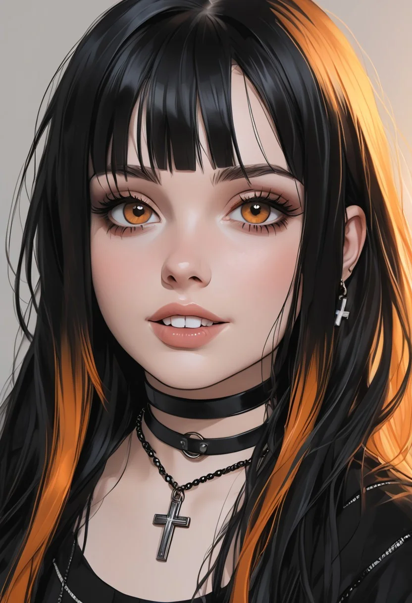 portrait, masterpiece, ((artistic)), pin-up pose, focus on eyes, (very detailed face), 1girl, solo, hyper-realistic, photo-realistic, upper body angle, realist, realism, round face. Source: actress.
BREAK
 girl:/(goth girl, (gilly:1.4) (((protruding teeth:1.5,human, protruding ears:1.4, human ears))), (black hair with orange dyed ends), long straight hair, light eyes, hazel eyes:1.2,  white pale skin, chubby, goth style, goth Native American clothes, /( black choker Christian_cross pendant/), (copper wedding ring), (copper jewelry), black clothes./)