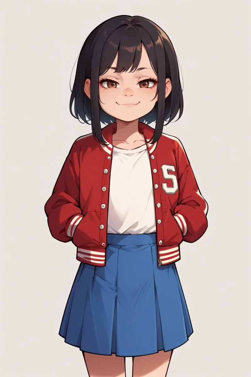 score_9,score_8_up,score_7_up,score_6_up,score_5_up,score_4_up,
<lora:Lunas-Sparrow-SDXL-A1:1>
1girl, solo, young, child, red letterman jacket, white shirt, blue skirt, brown eyes, black hair, smug,
