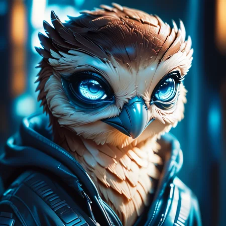 Score_9, score_8_up, score_7_up, score_6_up,BREAK  <lora:2020s_Sci-Fi_MoviePony:1>  ArsMovieStill, Movie still from a 2020s Sci-Fi movie, The image shows an owl wearing a black jacket with blue eyes set against a blurred background., solo, blurry, owl, bird, animal, blue eyes, blue theme, blurry background, furry, looking at viewer