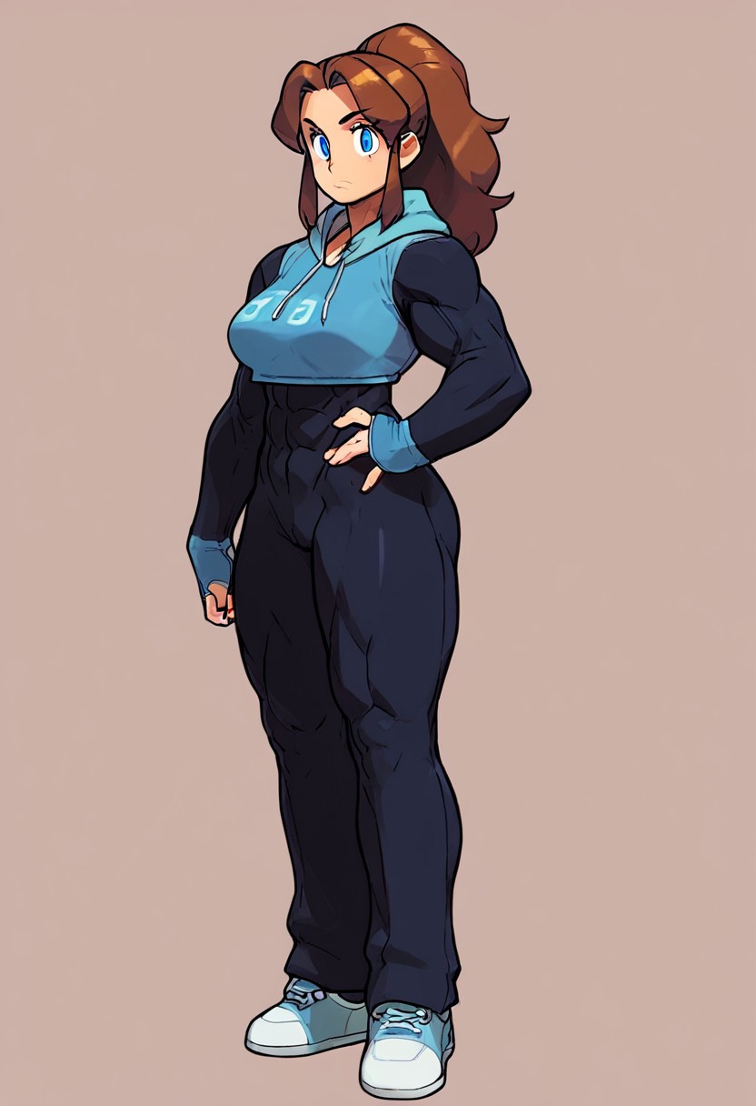 (((Solo))), (((1girl))), score_9, score_8_up, score_7_up, score_6_up,score_5_up,score_4_up, BREAK, jxdhxps character, illustration, bold linework, female, ((breasts)), simple background, grey background, standing, hips, , shoes, light blue eyes, ishikawa hideki style, ((brown hair)), blue tank top, long sleeve shirt,  crop top hoodie, puffy sleeves, ((blue hoodie)), fingerless gloves, sport bra, (turtle neck), ((white skin)), ((black body suit)), muscular female, malon, parted bangs, ponytail