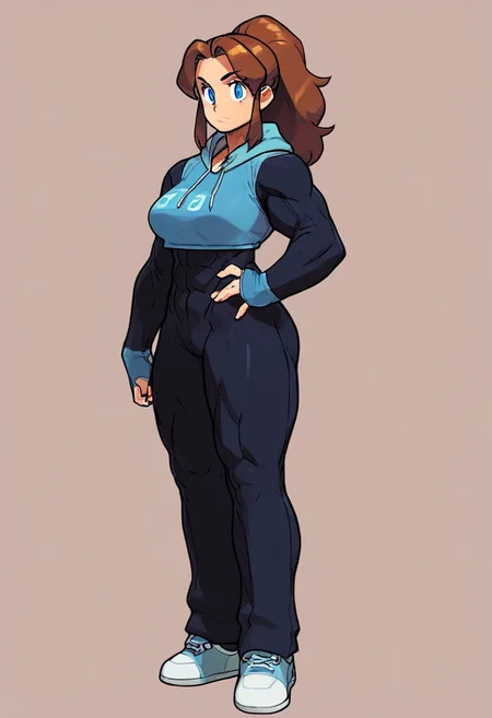 (((Solo))), (((1girl))), score_9, score_8_up, score_7_up, score_6_up,score_5_up,score_4_up, BREAK, jxdhxps character, illustration, bold linework, female, ((breasts)), simple background, grey background, standing, hips, , shoes, light blue eyes, ishikawa hideki style, ((brown hair)), blue tank top, long sleeve shirt,  crop top hoodie, puffy sleeves, ((blue hoodie)), fingerless gloves, sport bra, (turtle neck), ((white skin)), ((black body suit)), muscular female, malon, parted bangs, ponytail