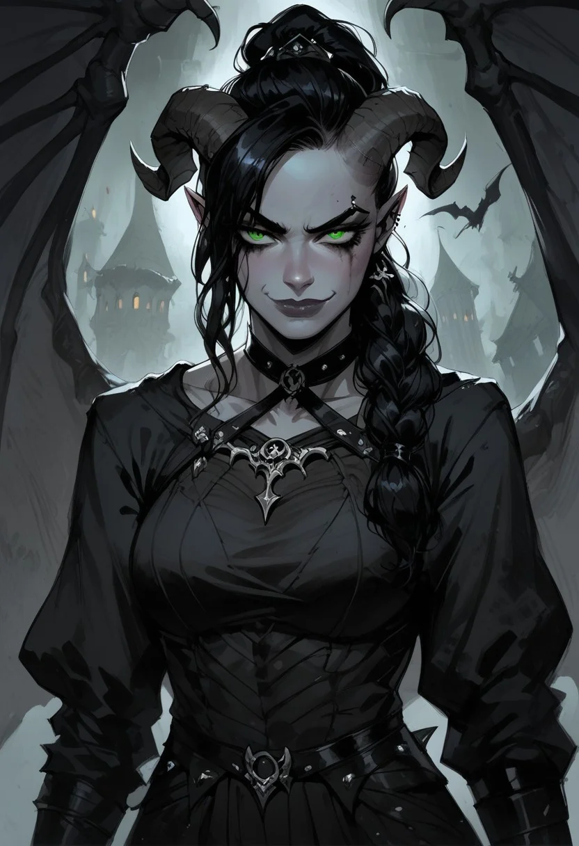 score_9, score_8_up, score_7_up, BREAK, 1woman portrait, beautiful, dramatic lights ((Succubus, Demon Girl, Succub, horns, seductive, seductive look, goth, goth girl, goth makeup, muscular, athletic, muscular woman, athletic woman, green eyes, wings, bat wings grey skin, grey colored skin, black hair, long braided ponytail, bangs, side bangs, happy, smug))
<lora:Fant5yP0ny:0.6> <lora:fantasy_world_pony:0.9>
<lora:Cherry-Gig:0.55>