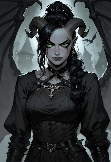 score_9, score_8_up, score_7_up, BREAK, 1woman portrait, beautiful, dramatic lights ((Succubus, Demon Girl, Succub, horns, seductive, seductive look, goth, goth girl, goth makeup, muscular, athletic, muscular woman, athletic woman, green eyes, wings, bat wings grey skin, grey colored skin, black hair, long braided ponytail, bangs, side bangs, happy, smug))
<lora:Fant5yP0ny:0.6> <lora:fantasy_world_pony:0.9>
<lora:Cherry-Gig:0.55>