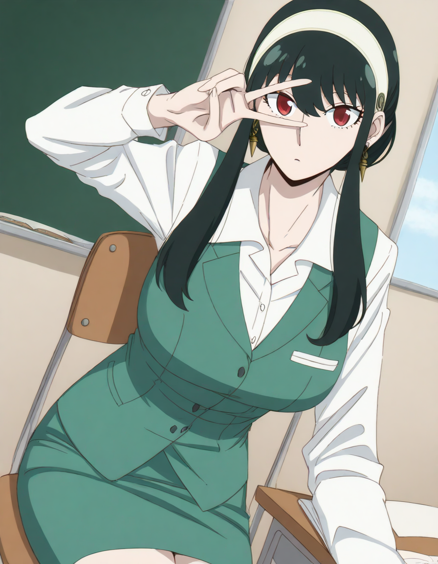 score_9, score_8_up, score_7_up, source_anime, <lora:yor-briar-s1-illustrious-lora-nochekaiser:1>, yor briar, black hair, red eyes, earrings, white hairband, hairband, long hair, sidelocks, large breasts,, skirt, shirt, long sleeves, white shirt, earrings, collared shirt, vest, green skirt, pencil skirt, office lady, green vest,, classroom, chalkboard, day time, studying, sitting, chair, desk,, , looking at viewer, v, v over eyes,, solo,, cowboy shot, dutch angle