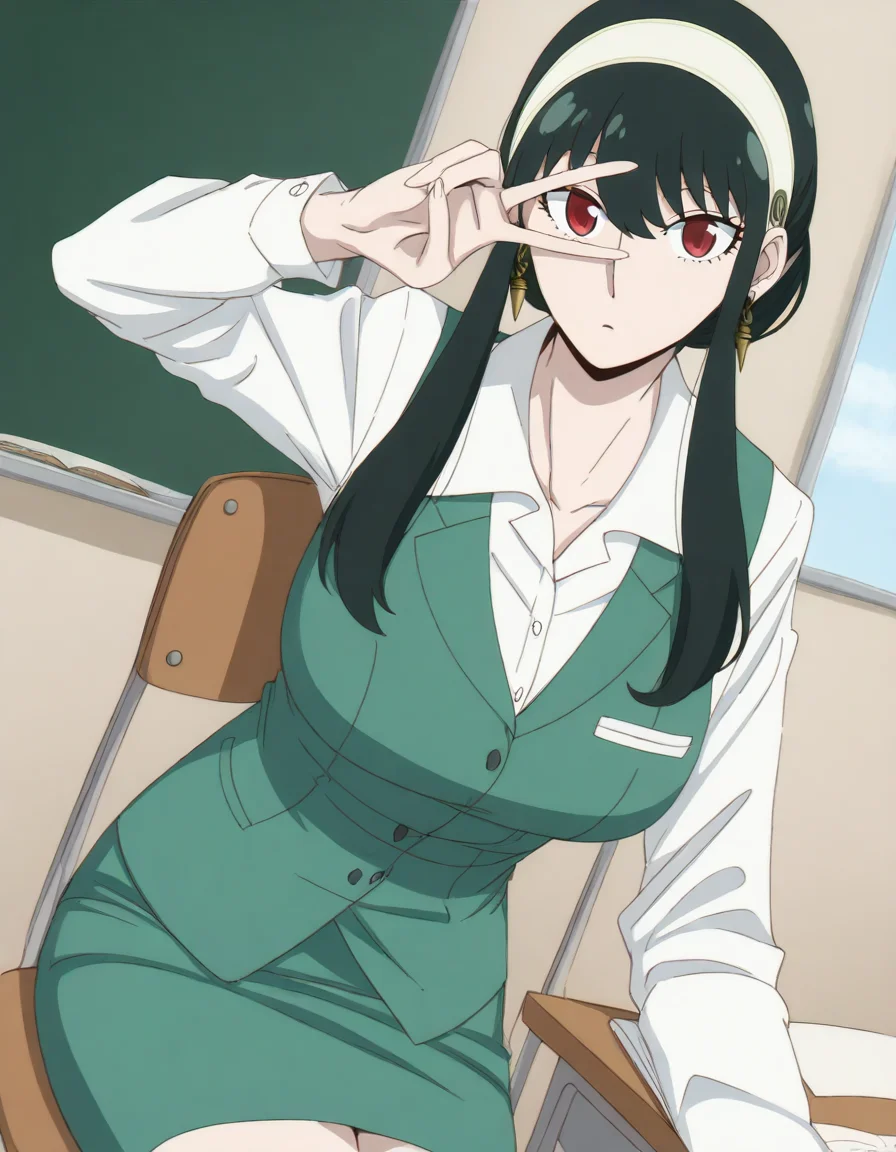 score_9, score_8_up, score_7_up, source_anime, <lora:yor-briar-s1-illustrious-lora-nochekaiser:1>, yor briar, black hair, red eyes, earrings, white hairband, hairband, long hair, sidelocks, large breasts,, skirt, shirt, long sleeves, white shirt, earrings, collared shirt, vest, green skirt, pencil skirt, office lady, green vest,, classroom, chalkboard, day time, studying, sitting, chair, desk,, , looking at viewer, v, v over eyes,, solo,, cowboy shot, dutch angle