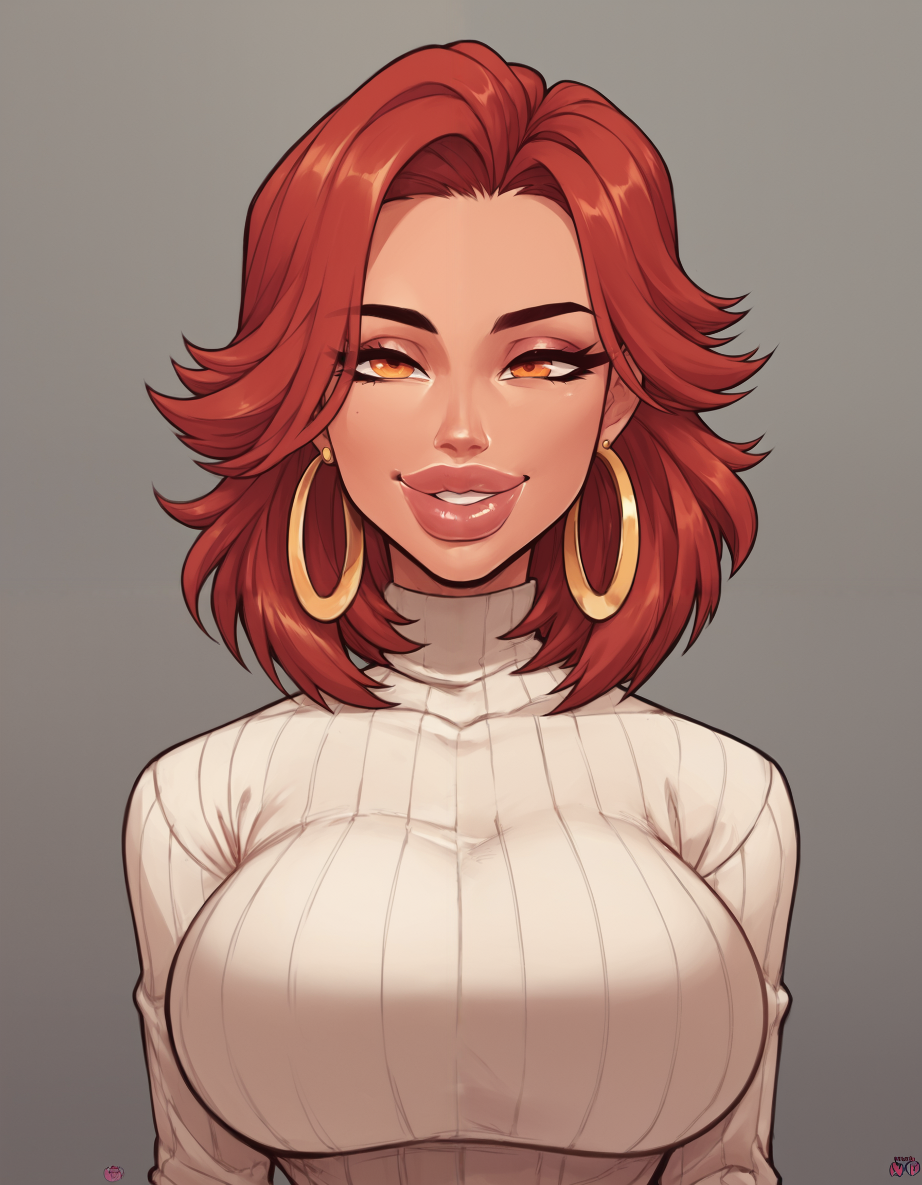 score_9, score_8_up, score_7_up, score_6_up, score_5_up, score_4_up, BREAK 1girl, smile, red hair, medium hair, orange eyes, lips, bimbo <lora:RaiouPDXL:1>