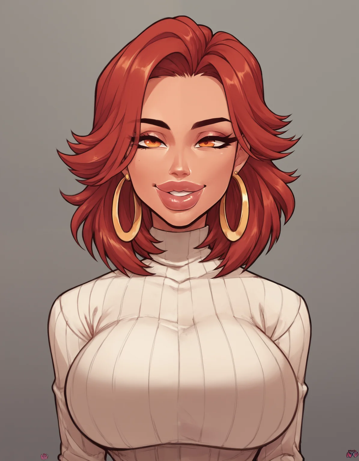 score_9, score_8_up, score_7_up, score_6_up, score_5_up, score_4_up, BREAK 1girl, smile, red hair, medium hair, orange eyes, lips, bimbo <lora:RaiouPDXL:1>