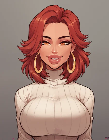 score_9, score_8_up, score_7_up, score_6_up, score_5_up, score_4_up, BREAK 1girl, smile, red hair, medium hair, orange eyes, lips, bimbo <lora:RaiouPDXL:1>
