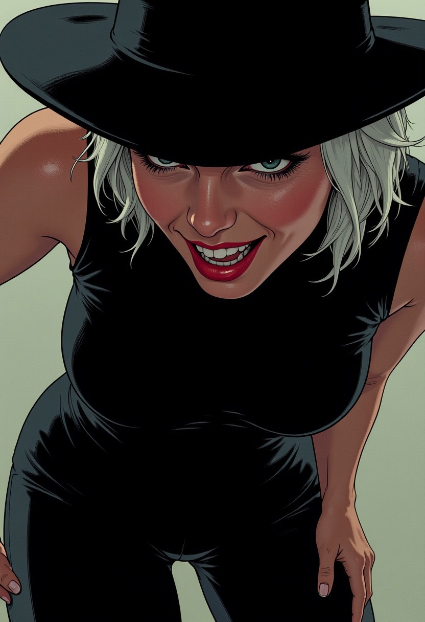 illustration, cartoon, anime, manga, drawing, score_4_up, score_9, score_8_up, score_7_up, score_6_up, 7_up, score_6_up, 
Closeup of a dark villainess wearing a fedora with a shadow that covers part of her face, she is wearing a latex bodysuit that accentuates her figure. She is bending over slightly, her body tilted towards the viewer seductively. She has white hair and is wearing bright red lipstick. She has an alluring smile that makes her look conniving.