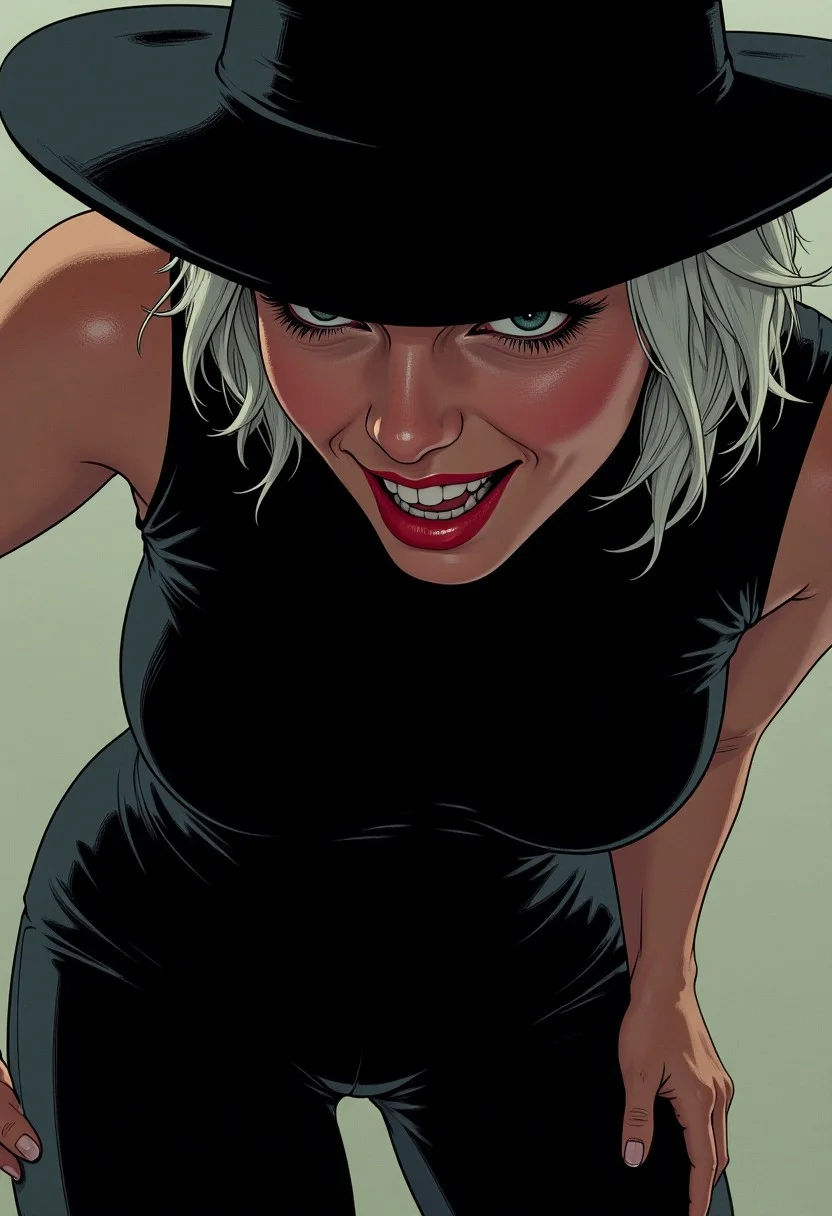 illustration, cartoon, anime, manga, drawing, score_4_up, score_9, score_8_up, score_7_up, score_6_up, 7_up, score_6_up,
Closeup of a dark villainess wearing a fedora with a shadow that covers part of her face, she is wearing a latex bodysuit that accentuates her figure. She is bending over slightly, her body tilted towards the viewer seductively. She has white hair and is wearing bright red lipstick. She has an alluring smile that makes her look conniving.