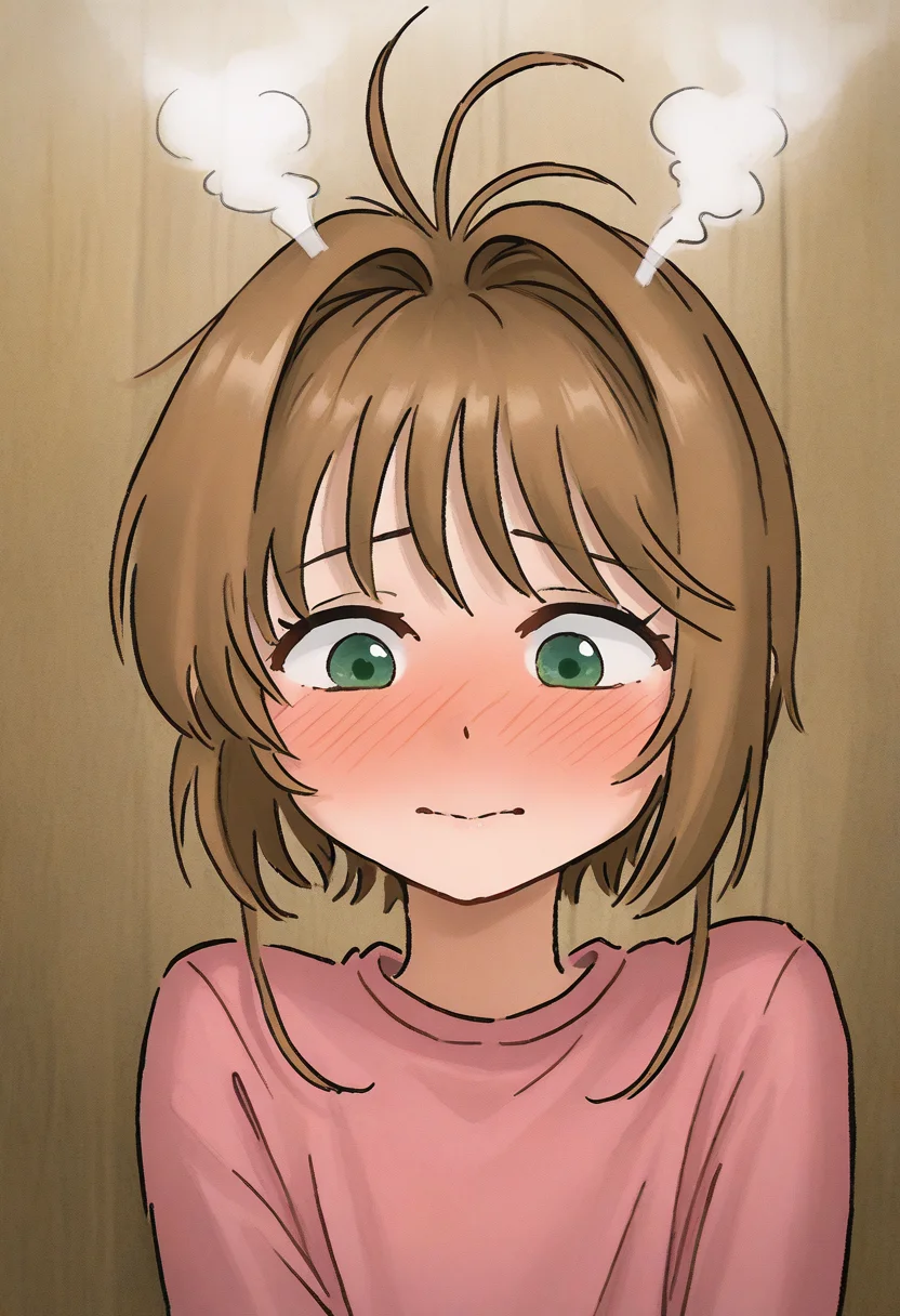 1girl, kinomoto sakura, upper body, green eyes, clothes, <lora:DHHL_v1_epoch_15:1.5>, DHHL, shy, (head steam:1.5), (full blush:1.2), close-up, (masterpiece:0.7), (best quality:0.7),