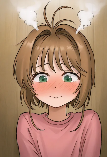 1girl, kinomoto sakura, upper body, green eyes, clothes, <lora:DHHL_v1_epoch_15:1.5>, DHHL, shy, (head steam:1.5), (full blush:1.2), close-up, (masterpiece:0.7), (best quality:0.7),