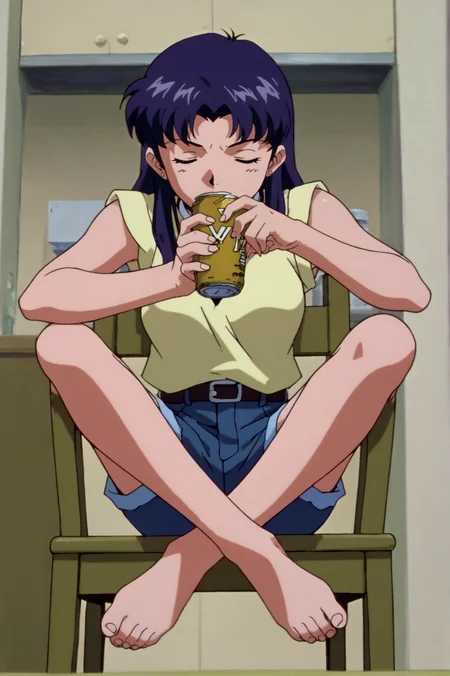 score_9, score_8_up, score_7_up,anime_source, source_anime, best background, detailed background, anime screencap, misato katsuragi, Home Outfit, drinking, can, chair, sitting, dynamic angle, indoors, cowboy shot, solo, indoors, legs apart, <lora:JN_Misato_Katsuragi:0.8>