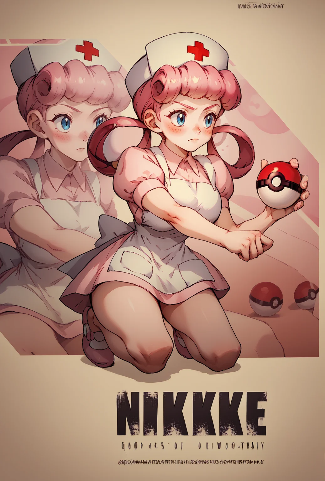 hat, dress, short sleeves, puffy sleeves, apron, puffy short sleeves, nurse cap, nurse, <lora:NikkeProfileV2_XLPD:1>, full body, zoom layer, on one knee, holding poke ball, poke ball, score_9, score_8_up,score_7_up, source_anime, 1girl, solo, <lora:EPpkNurseJoyPony_epoch_15:1>, eppknursejoy, pink hair, blue eyes, long hair, blush, large breasts, hair rings, bumper bangs,