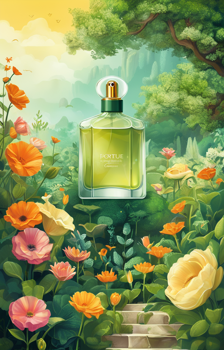 masterpiece,best quality,<lora:tbh245-sdxl:0.9>,illustration,style of Infographic A bottle of perfume in garden