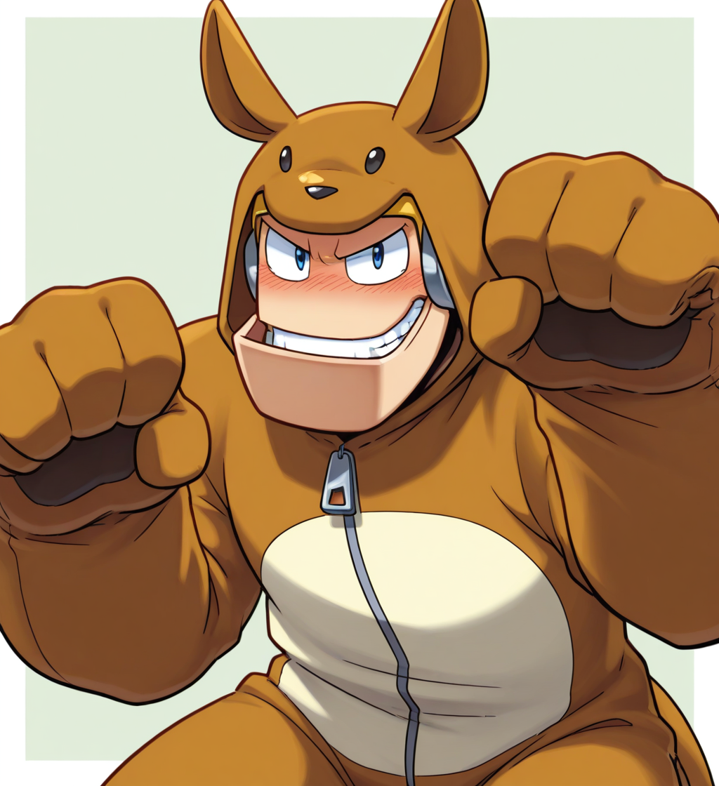 high resolution, best quality, 4k, solo, male, front view, blush, embarrassed, kangaroo costume, paw pose, clenched teeth, broad shoulders, <lora:Guts_Man_-_Mega_Man_Classic_IL:1> gut5m4n, robot, big chin, big arms, blue eyes