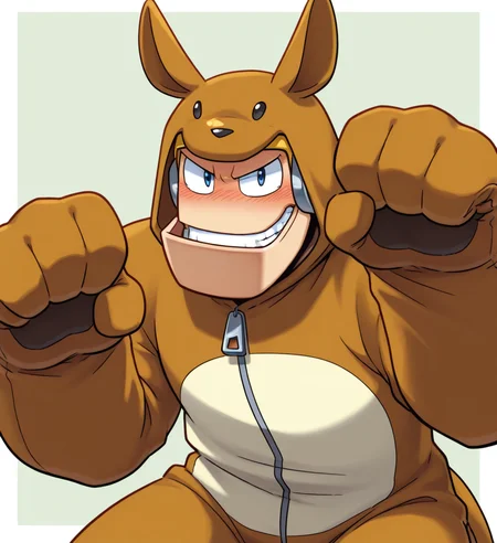 high resolution, best quality, 4k, solo, male, front view, blush, embarrassed, kangaroo costume, paw pose, clenched teeth, broad shoulders, <lora:Guts_Man_-_Mega_Man_Classic_IL:1> gut5m4n, robot, big chin, big arms, blue eyes