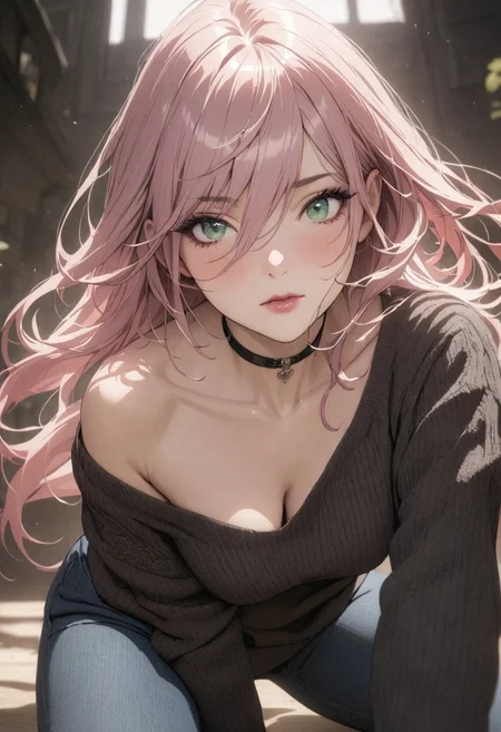 1woman, solo,  long hair, pink hair, black choker, green eyes, one eye covered by hair, eyeliner,  open chest, gorgeous lips, tights, medium breasts
cinematic, (masterpiece), (best quality), (ultra-detailed), very aesthetic, illustration, perfect composition, intricate details, absurdres, detailed face,
she wants to impress with her cleavage, looks innocent, lipstick, She is wearing blue jeans and a pullover, closed mouth
