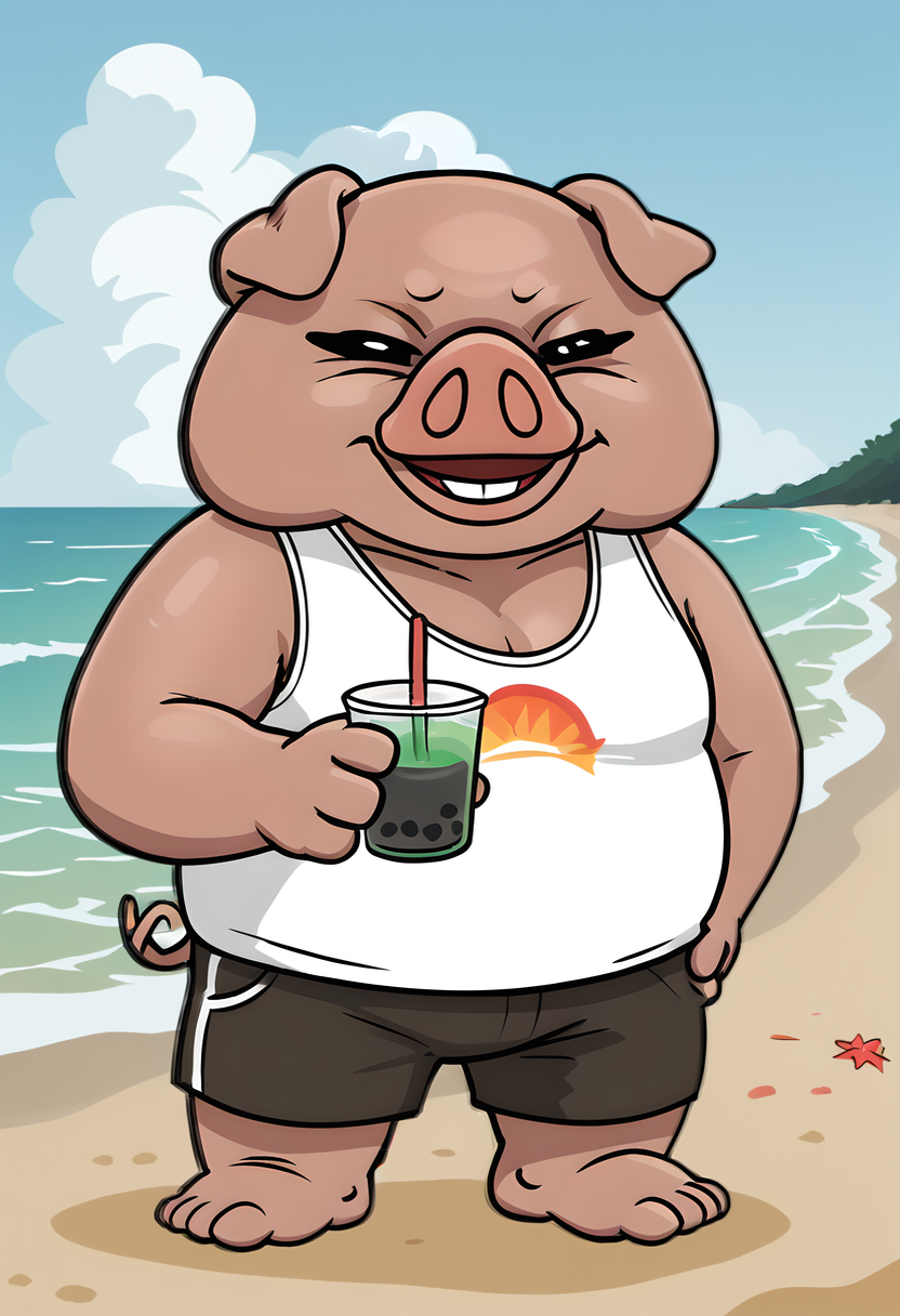 score_9, score_8_up, score_8,
solo,   <lora:Director_Ton_Aggrestuko_for_PonyXL:0.8> 1boy, pig, t0n, furry, beach, shorts, pig tail, towel, wave, smile, tank top, boba tea,