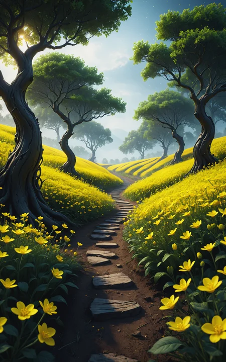 A path of curves is projected into a field of small yellow flowers. Lights like fireflies float in the air, in the distance in the background you can see a tree with a wide trunk, thick roots and a crown full of leaves, ultra hd, realistic, vivid colors, highly detailed, UHD drawing, pen and ink, perfect composition, beautiful detailed intricate insanely detailed octane render trending on artstation, 8k artistic photography, photorealistic concept art, soft natural volumetric cinematic perfect light<lora:xl_more_art-full_v1:0.3>