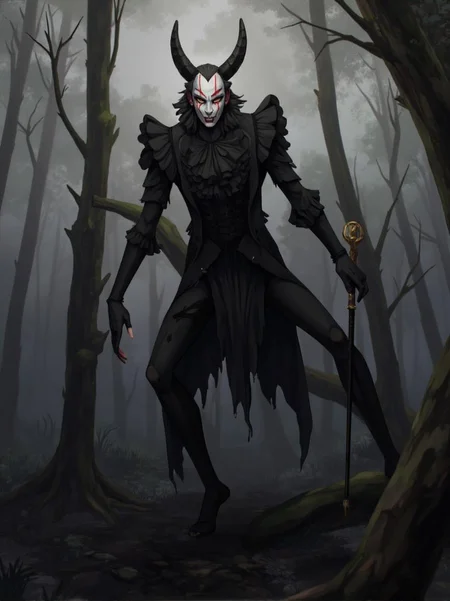 <lora:ck-LttleGhost-000011.safetensors:1> in the style of ck-lttlegh0stA hunched figure in a tattered black suit with frilled sleeves, gloves, and ruffled collar stands amidst a misty forest, face painted white with red stripes and nose, dark eyes gleaming with malevolent intent. Two large black horns protrude from their head, and a gold-trimmed scepter leans against them. The atmosphere is heavy with foreboding, the subject exuding an aura of unholy power.