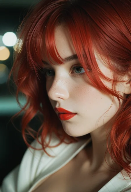 close up shot, 19yo woman, lipstick, hair waist-length red hair, bangs covering the left side of her face with a wavy mid-back length red hair strand resting on her left shoulder and her eyes are brown, kimono. shallow depth of field, vignette, highly detailed, high budget, bokeh, cinemascope, moody, epic, gorgeous, film grain, grainy，　