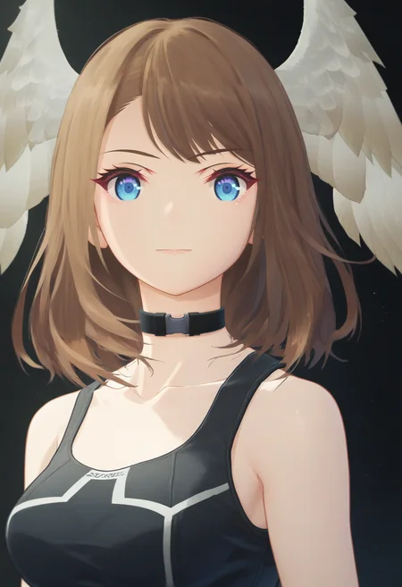 score_9, score_8_up, score_7_up, 1girl, solo, portrait, black bodysuit, sleeveless, black choker, eunie, blue eyes, medium hair, head wings<lora:eunie xl 019 fro 95:1>