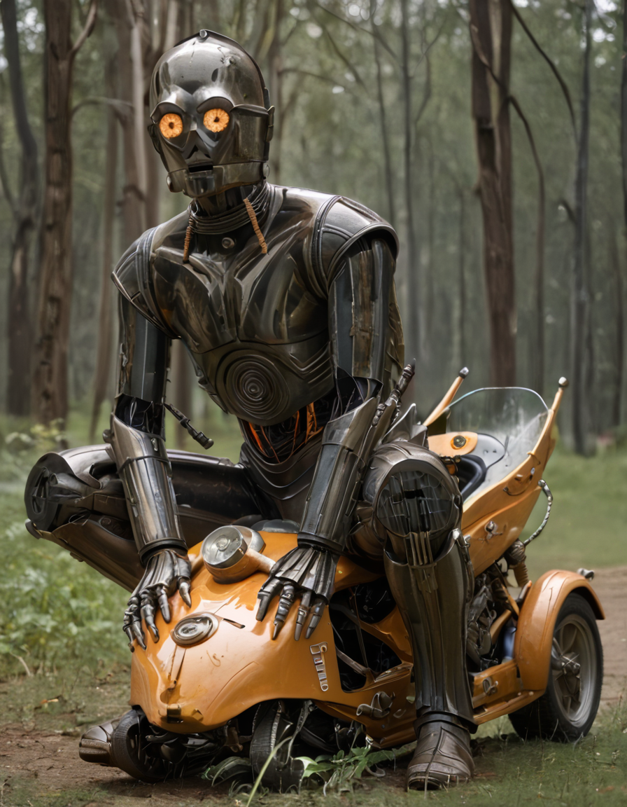 <lora:C-3PO_pony:1>,C-3PO,riding an alien beast