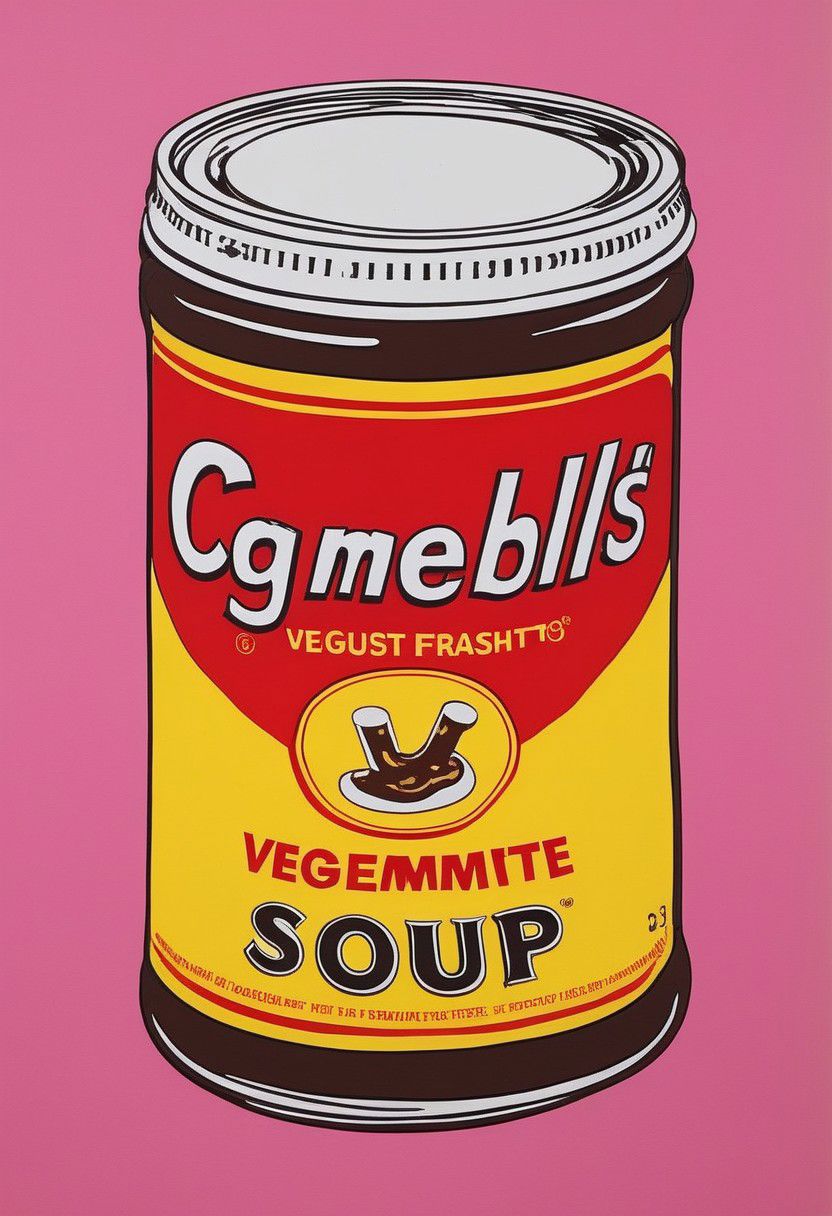 VegemiteArt, cambells soup can by Andy Warhol but instead it's Vegemite