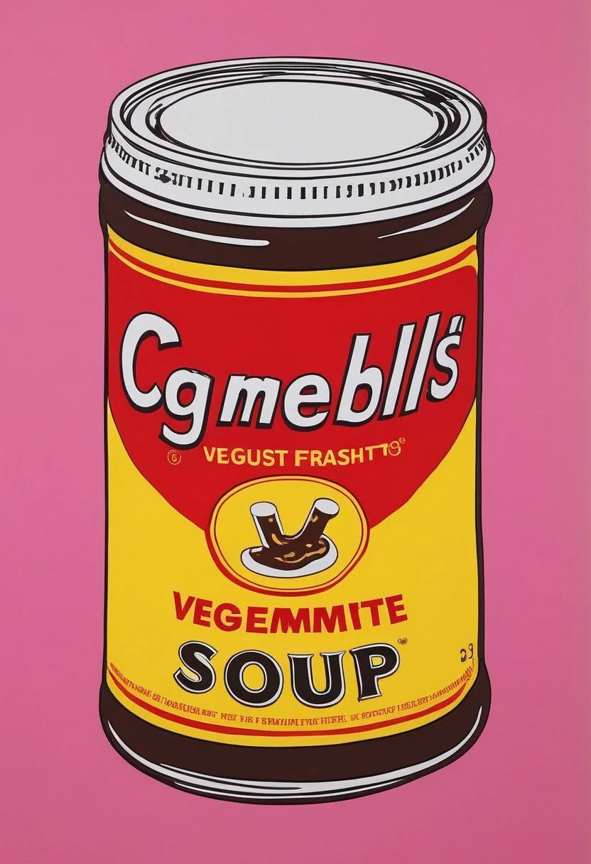 VegemiteArt, cambells soup can by Andy Warhol but instead it's Vegemite