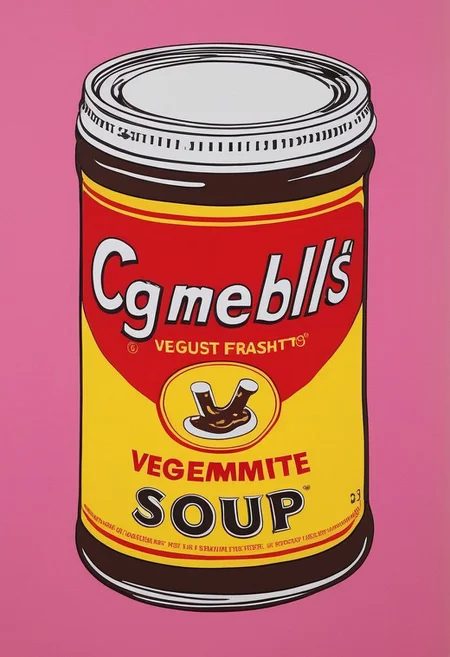 VegemiteArt, cambells soup can by Andy Warhol but instead it's Vegemite