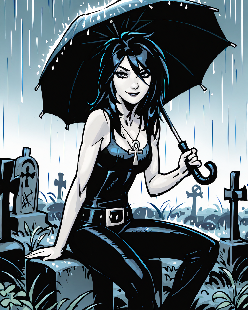 masterpiece, best quality, absurdres, perfect quality, absolutely eye-catching,   <lora:ChrisBachaloIllus:1> bachalo,  <lora:Death of the EndlessilluLoRA:0.8> dethofend, pale skin, colored skin, long hair, ankh necklace, tank top, belt, pants, umbrella, over shoulder, 1girl, solo, rain, cemetery, sitting, smile, looking at viewer,
