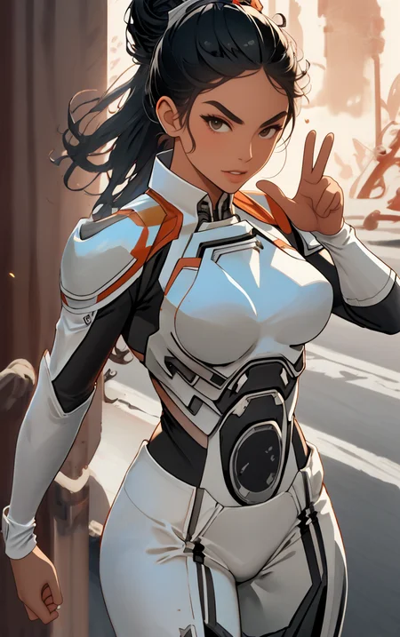 ((masterpiece, best quality)), solo, looking at viewer, amazon_woman whit black hair wearing spacesuit, long hair, "Biting lip", "Twisted updo hairstyle" hair, "Shushing with finger to lips" pose , skin tight, depth of field, light particles,
<lora:GoodHands-beta2:1>,
<lora:BrazilianWomanAmazon_V1.0:1>,
<lora:muscle_slider_v1:2>,
<lora:weight_slider_v2:-1>,
<lora:hair_length_slider_v1:1>,
<lora:spacesuitV1.0:0.7>,
<lora:wuxia2:0.6>,
<lora:Background_Detail_v3:1>,
<lora:IvoryGoldAIv2:0.7>