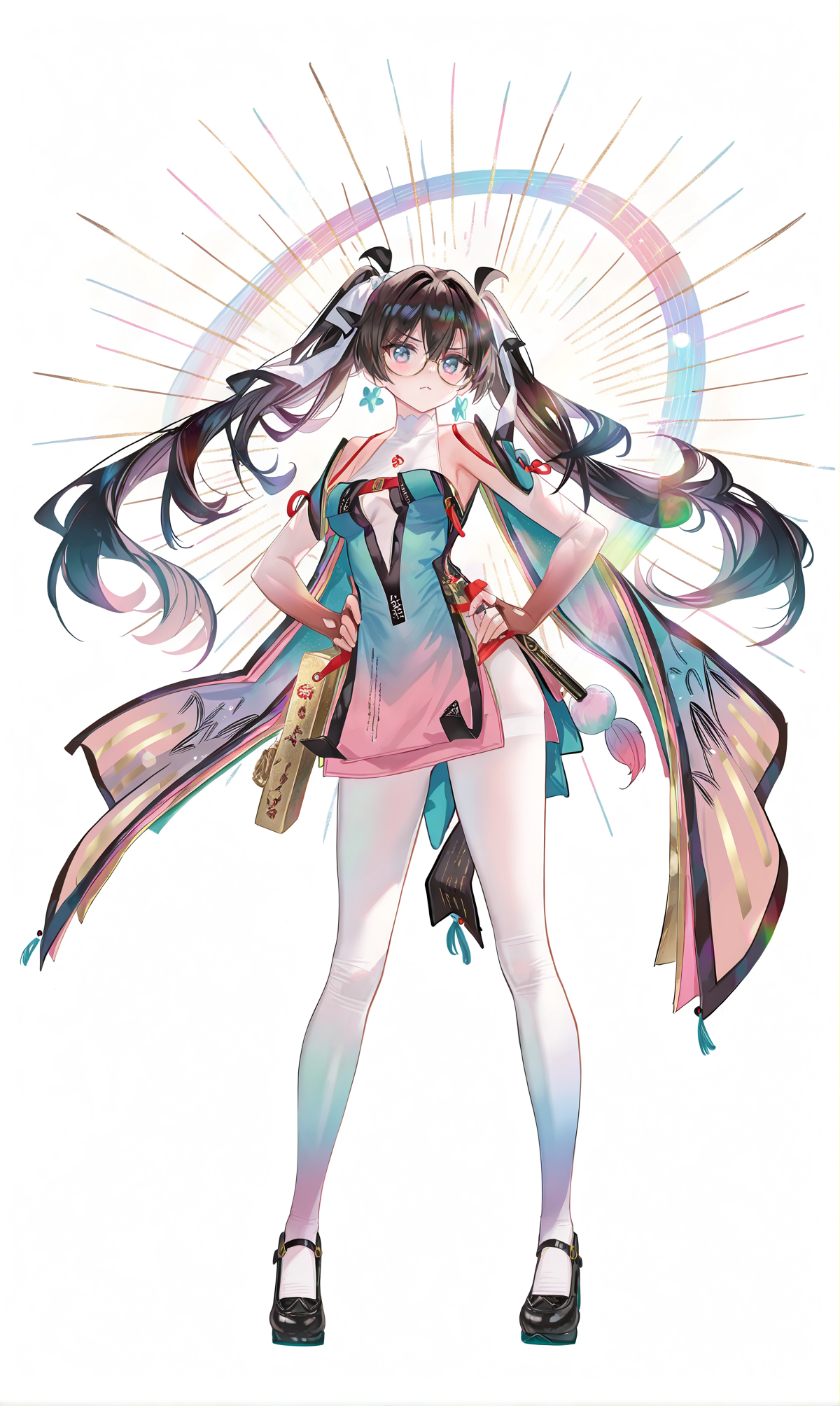 8k, best quality, masterpiece, (ultra-detailed), (high detailed skin), 
((artist:reoen),(artist:fuzichoco),(artist:atdan),(artist:torino_aqua),year 2024:0.8)1girl, 8k, masterpiece, best quality, colorful, detailed light, light leaks, sunlight, bokeh, blurry foreground, ray tracing, lens flare, cinematic lighting, 
full body, full shot, standing, looking at viewer, (solo:1.2), simple background, (white background:1.2), hand on own hip, white background, 
<lora:zhezhi-noob-Tanger:0.8>, zhezhi, default clothes, white pantyhose, 1girl, long hair, black hair, glasses, twintails, dress, black footwear, 
A full-body portrait of a young girl, standing gracefully, pastel art style, high-key lighting, shoujo manga influence, hd quality, delicate details,