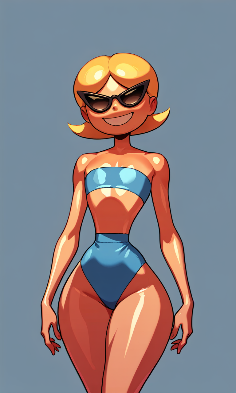 score_9, score_8_up, score_7_up, Sunny Miami, sunglasses, blonde hair, short hair, blue bikini, smile, curvy, narrow waist, wide hips, shiny skin, flat chest