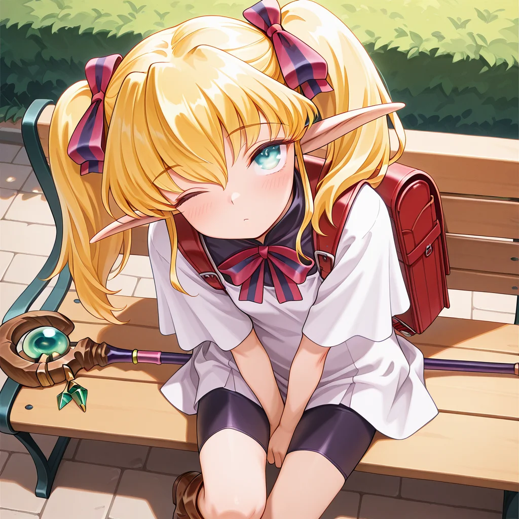 1girl,solo,<lora:IL_Collet_Brause_Pastel_Chime:1>,pc_cb,Collet Brause,elf,pointy ears,blonde hair,twintails,hair ribbon,sidelocks,
dutch angle,foreshortening,fantasy,looking at viewer,outdoors,
bowtie,bike shorts,school dress,brown boots,red backpack,
long staff,holding staff,sit on park bench,v arms,looking up,upturned eyes,blush,one eye closed,head tilt,, masterpiece,best quality,amazing quality,very aesthetic,absurdres,