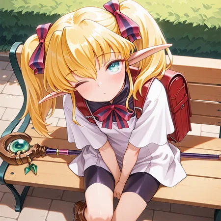1girl,solo,<lora:IL_Collet_Brause_Pastel_Chime:1>,pc_cb,Collet Brause,elf,pointy ears,blonde hair,twintails,hair ribbon,sidelocks,
dutch angle,foreshortening,fantasy,looking at viewer,outdoors,
bowtie,bike shorts,school dress,brown boots,red backpack,
long staff,holding staff,sit on park bench,v arms,looking up,upturned eyes,blush,one eye closed,head tilt,, masterpiece,best quality,amazing quality,very aesthetic,absurdres,