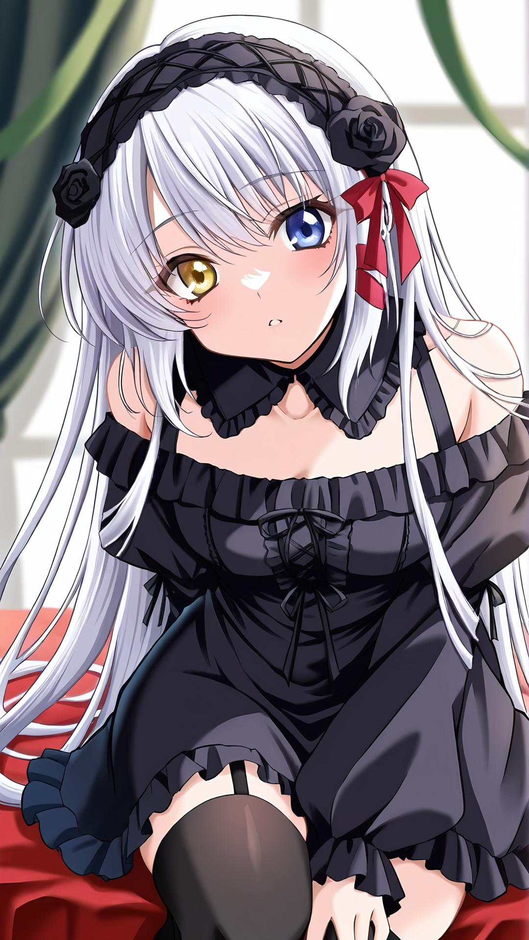 parametersparametersparametersamazing quality,absurdres,best quality,masterpiece,highres,newest,detailed,detailed body,detailed face,masterpiece,best quality,solo,
kurobara,thighhighs,yellow eyes,heterochromia,fashion,yellow eyes,black flower,black rose,flower,long hair,ribbon,gothic,hairband,white hair,blue eyes,rose,frills,hair ribbon,<lora:kurobara:0.8>,looking at viewer,