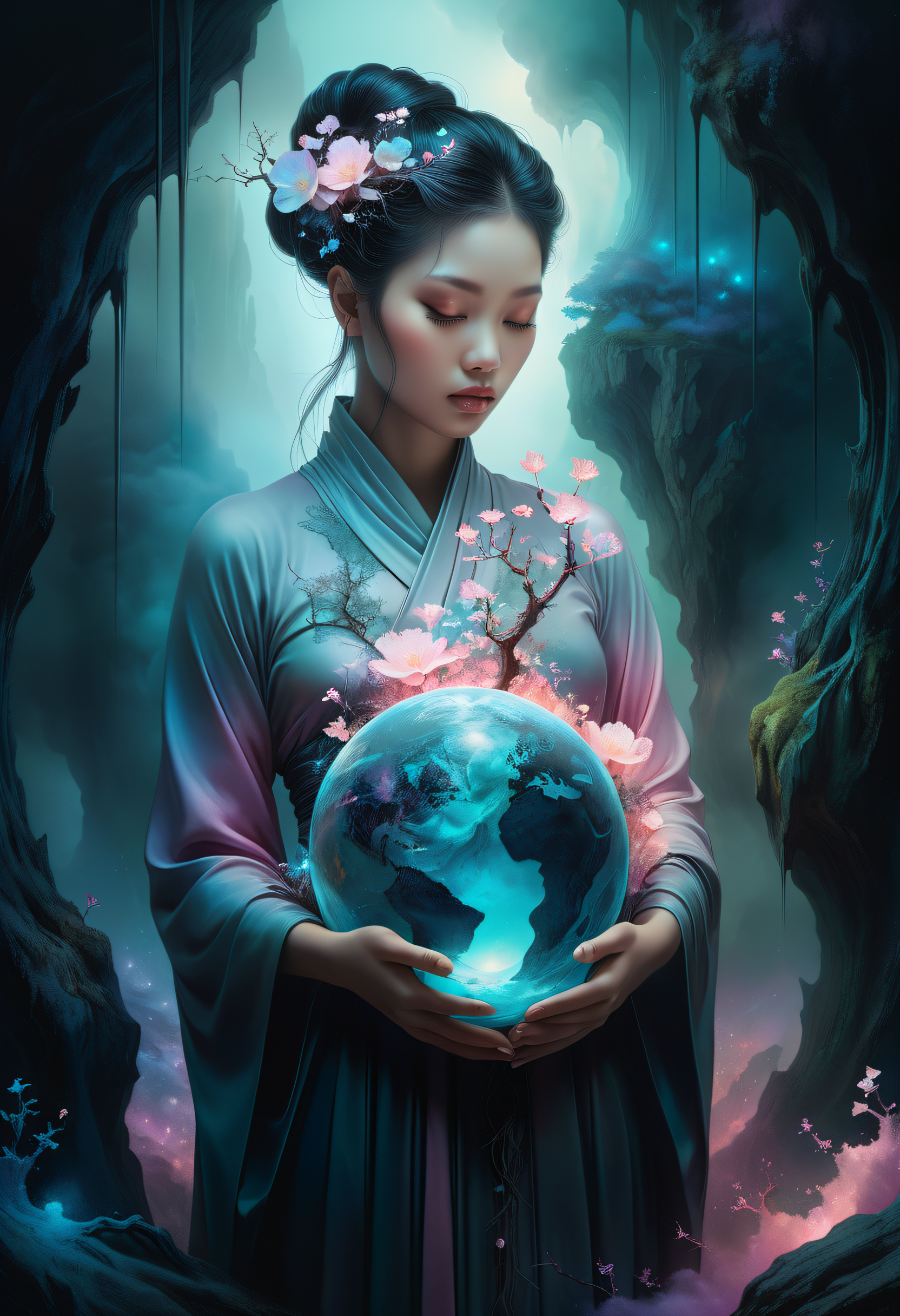 Female figure cradling earth, blending Miko Lim's dark ethereal aesthetic with Tomasz Alen Kopera's surreal pastel tones, encompassed by an aura of mystery and otherworldly grace, digital painting, ultra fine details, high contrast, eerie atmosphere, cinematic lighting.