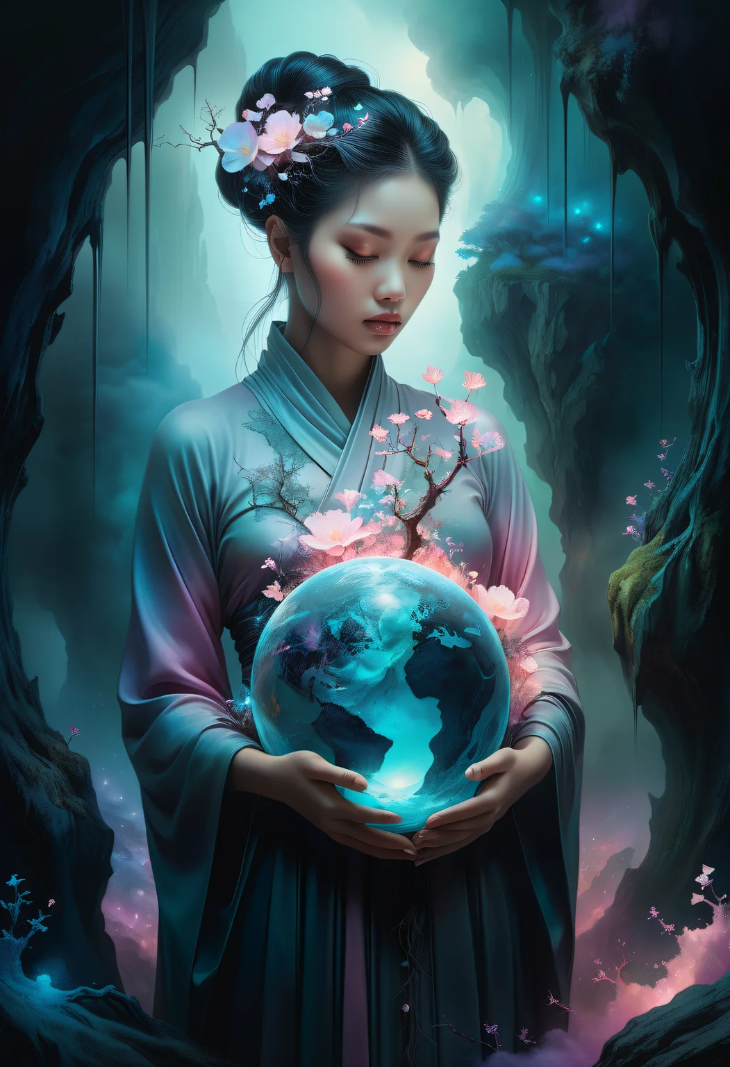 Female figure cradling earth, blending Miko Lim's dark ethereal aesthetic with Tomasz Alen Kopera's surreal pastel tones, encompassed by an aura of mystery and otherworldly grace, digital painting, ultra fine details, high contrast, eerie atmosphere, cinematic lighting.