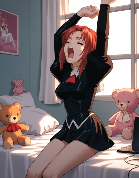 score_9, score_8_up, score_7_up
<lora:maypia-alexymetalia-ponyxl-000050:1> m4yp1a, red hair, black uniform, black skirt, juliet sleeves, red ascot,
solo,1girl, yawning, stretching, sitting, bed, stuffed animals, computer station, cinematic lighting, volumetric lighting, diffused morning light through window, cinematic shadows