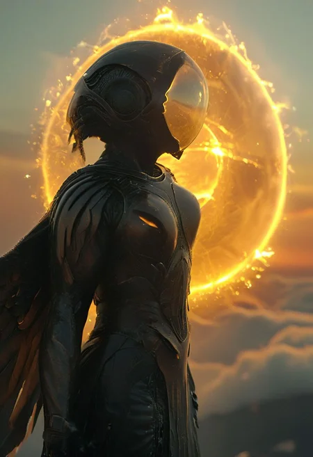Above the Clouds Loosing feathers, floating feathers, subsurface scattering, Capture the dystopian spectacle of female Icarus ascending too close to the sun, seen from below. Witness her wings, illuminated by the piercing sunlight, shedding feathers as they struggle against the inevitable descent.
subsurface scattering, Angel Icarus LiS_Robot By tim burton with Large vanta black spreaded Wings, large hooded Cape, liminal space cloud, Neon translucent Soundwaves visible on the face, very detailed golden holy glow Spell rings,
atmospheric haze, Film grain, cinematic film still, shallow depth of field, highly detailed, high budget, cinemascope, moody, epic, OverallDetail, 2000s vintage RAW photo, photorealistic, candid camera, color graded cinematic, atmospheric lighting, imperfections, natural, shallow dof