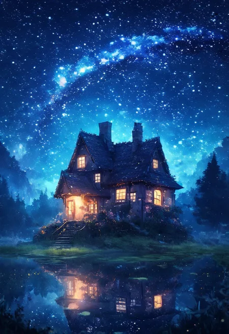 beautiful house in the night sky, stars, anime style, dreamy, fantasy. The painting depicts a beautiful house under the night sky filled with stars in the style of anime. The scene seems dreamy and fantastical