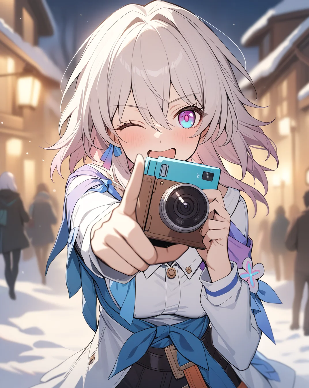 1girl,march7 honkai star rail,holding camera,one eye closed,pointing at viewer,outsside,winter,
BREAK blurry background,, masterpiece, best quality