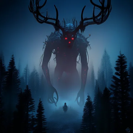 source_anime, source_game, score_9, score_7_up, (CR33P1NGF0G, fog), the_witcher_(series), fog, dark, night, haze, no_humans, scenery, forest, antlers, monster, red eyes, glowing, detailed, the_witcher_3 , detailed background,