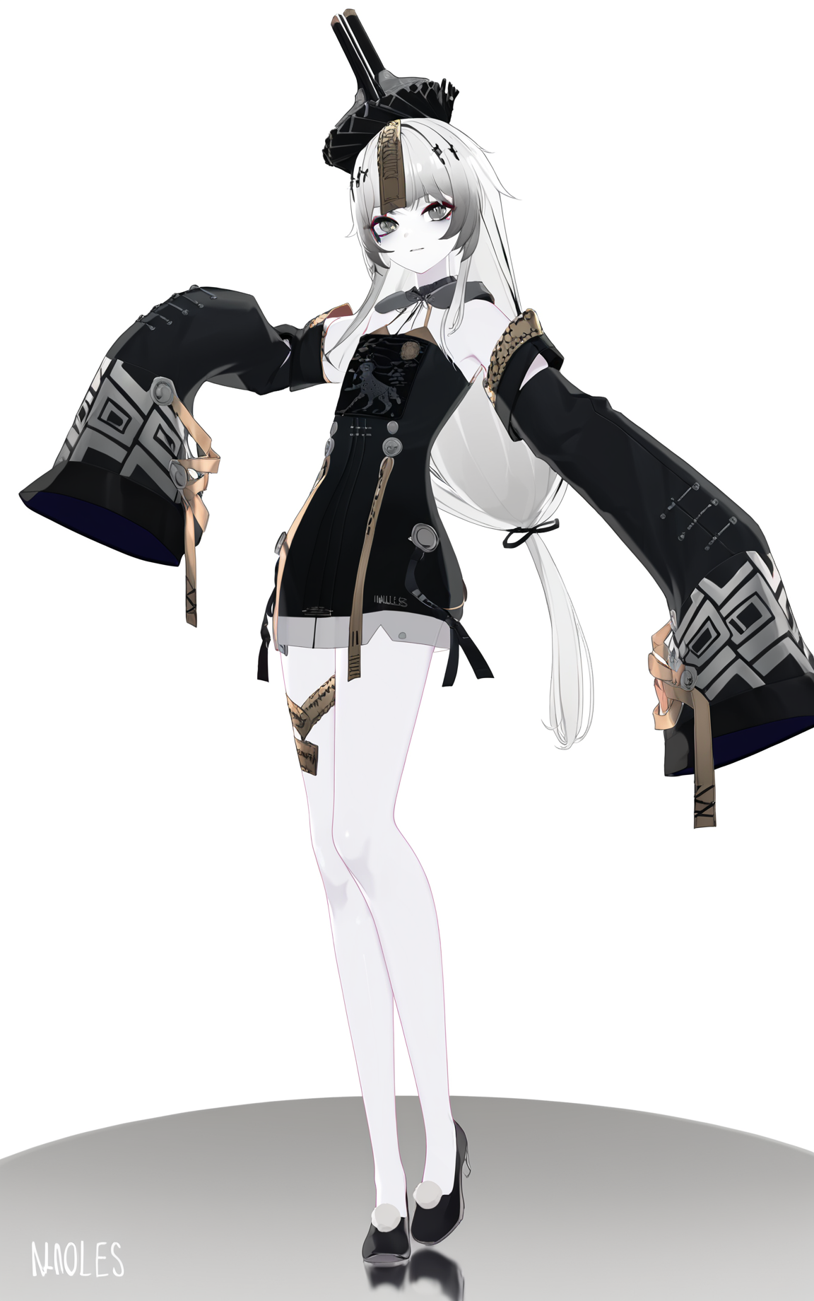 8k, best quality, masterpiece, (ultra-detailed), (high detailed skin), by nanoless, by misumi \(macaroni\), 
A full-body portrait of a young girl, standing gracefully, pastel art style, high-key lighting, shoujo manga influence, hd quality, delicate details, 
full body, full shot, standing, looking at viewer, (solo:1.2), simple background, white background, hand on own hip, 
<lora:21XXI-atw2-Tanger-000004:0.8>, 21XXI, 2nd clothes, strange hat, black chinese clothes, 1girl, solo, long hair, detached sleeves,   dress, black footwear, pale skin, white hair, sleeves past wrists