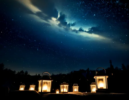 <lora:Starry_Scene:0.71> starryscene, outdoors, sky, night sky, star (sky), night time, midnight, noise offset, darkness, dark, night time, light particles, fire, black background, village, lanterns, clouds, bloom, <lora:detailer_pony_v4:1>